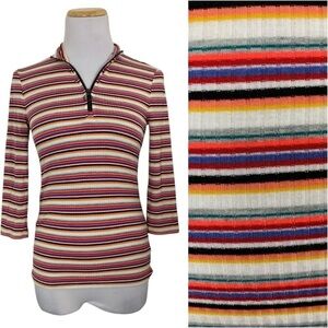 Express One Eleven Striped Ribbed Zip Neck Top 3/4 Sleeves Retro Size XS